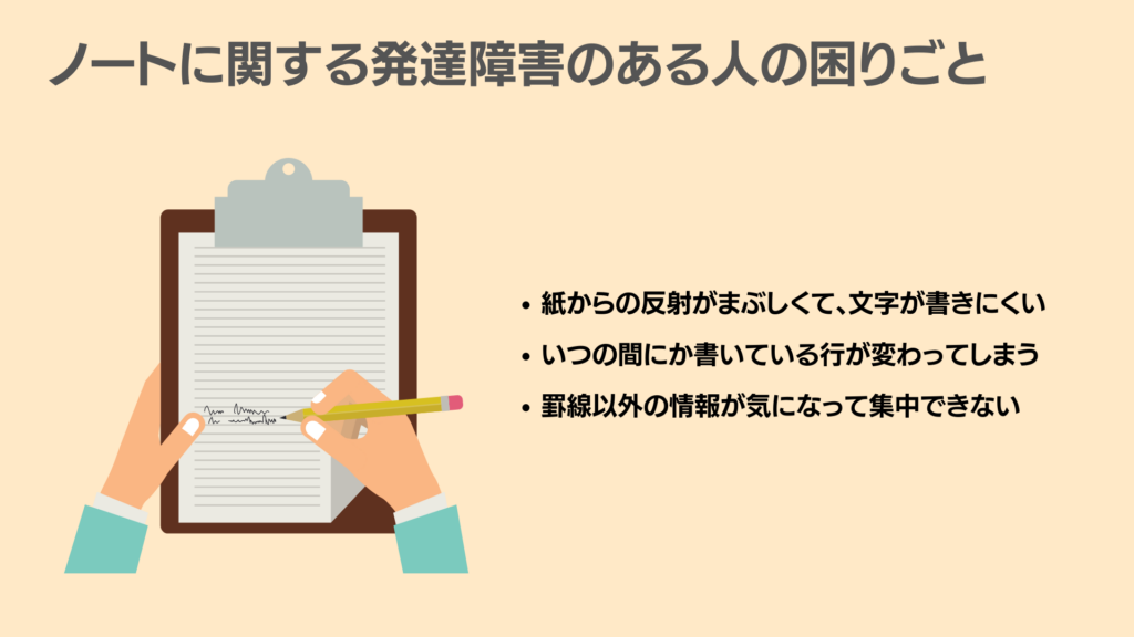スライド画像
以下文章
ノートに関する発達障害のある人の困りごとの図
・紙からの反射がまぶしくて、文字が書きにくい
・いつの間にか書いている行が変わってしまう
・罫線以外の情報が気になって集中できない