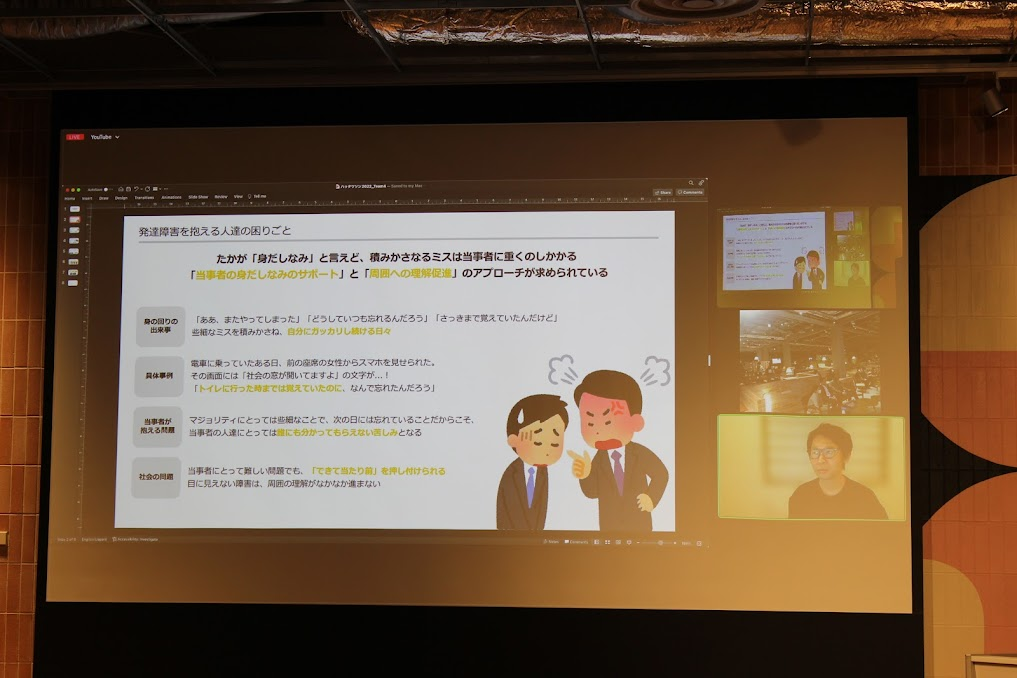 大野さんを含む参加チームQUINTBRIDGEに映し出されたスクリーンでプレゼンしている様子写真