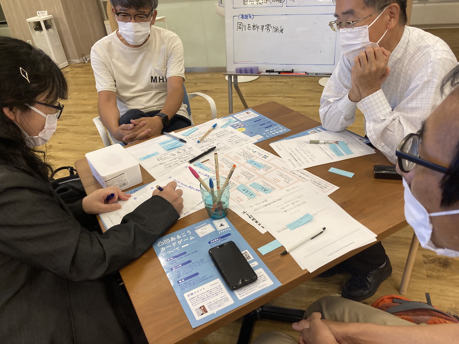 複数人の参加者がディスカッションをしながらワークシートに記載をしている様子の写真