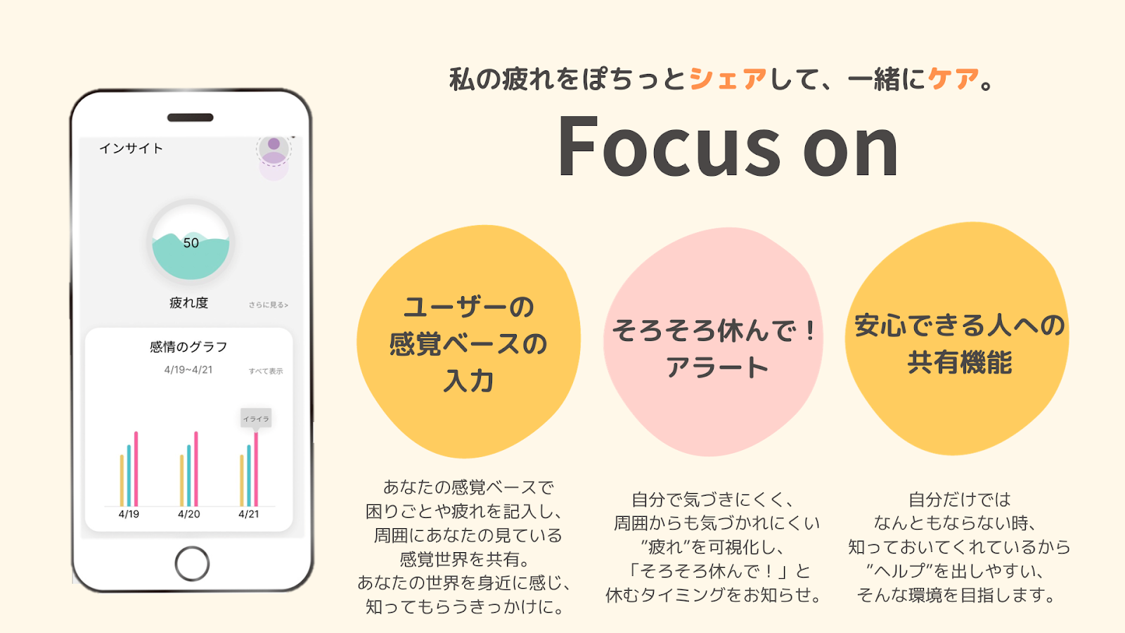 Focus onアプリ画面の写真と文章の記載がある画像 以下文章
私の疲れをぽちっとシェアして、一緒にケア。
Focus on
ユーザーベースの入力
あなたの感覚やペースで困りごとや疲れを記入し、周囲にあなたの見ている感覚世界を許由。あなたの世界を身近に感じてもらうきっかけに。
そろそろ休んで!アラート
自分で気づきにくく、周囲からも気づかれにくい”疲れ”を可視化し、「そろそろ休んで!」と休むタイミングをお知らせ。
安心できる人への共有機能
自分だけでは、なんともならないとき、知っておいてくれているから”ヘルプ”を出しやすい、そんな環境を目指します。