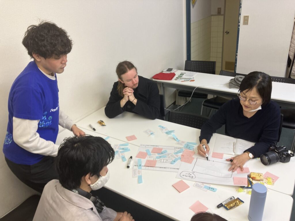 カードと付せんを使ったワークショップの様子。参加者がテーブルを囲み、困りごとについて意見交換している